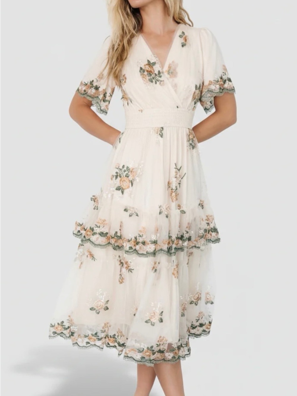 Shop Stevie Cream Floral Lace-Trim Midi Tulle Dress